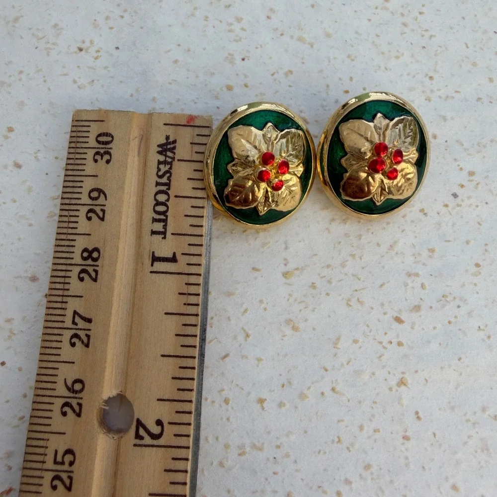 Vintage Danecraft Christmas Holly Berry Green Red Enamel Clip on Earrings Gold